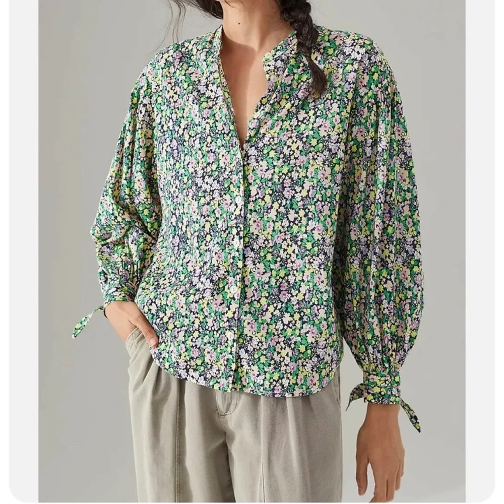 Anthropologie Maeve Floral Long Sleeve Button Front Blouse_11